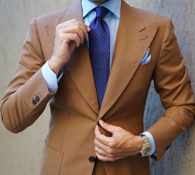 brown suit and blue shirt 1