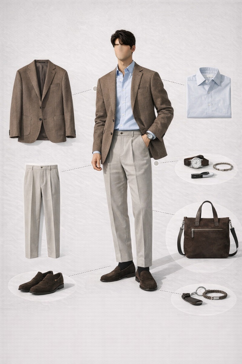 brown suit and blue shirt 10