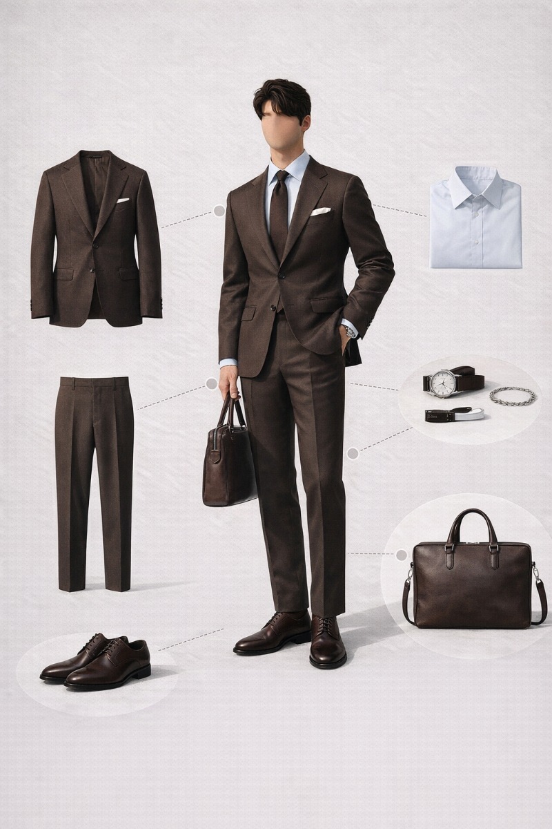 brown suit and blue shirt 11