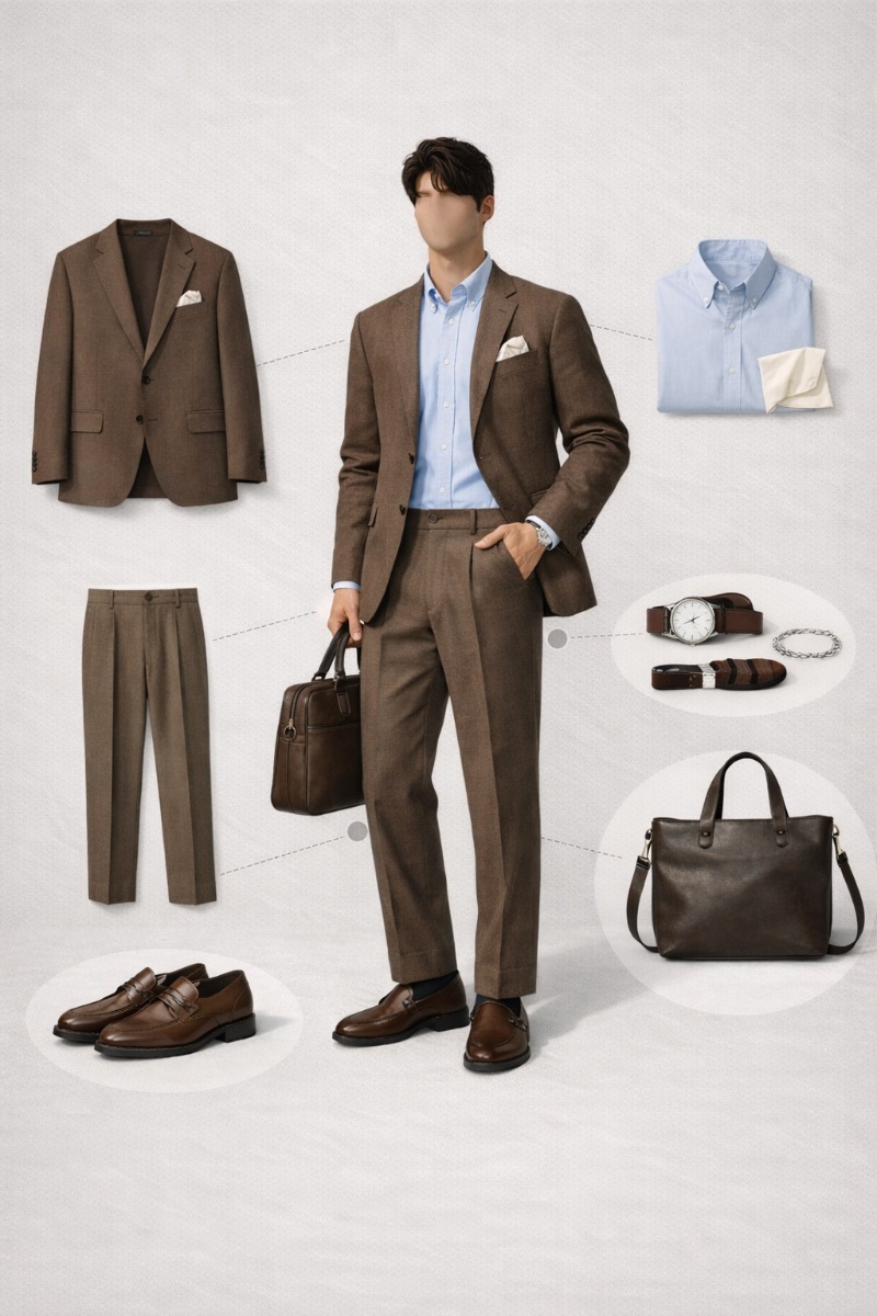 brown suit and blue shirt 3