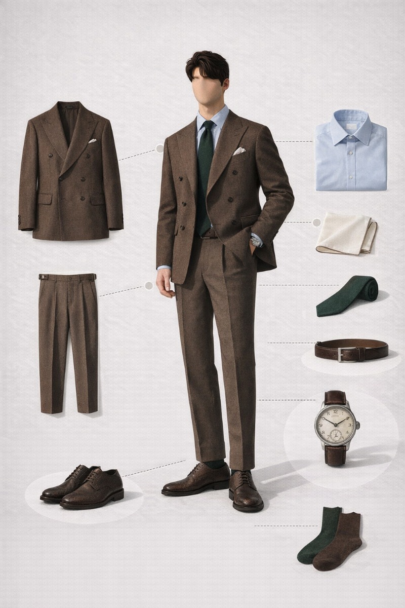 brown suit and blue shirt 6