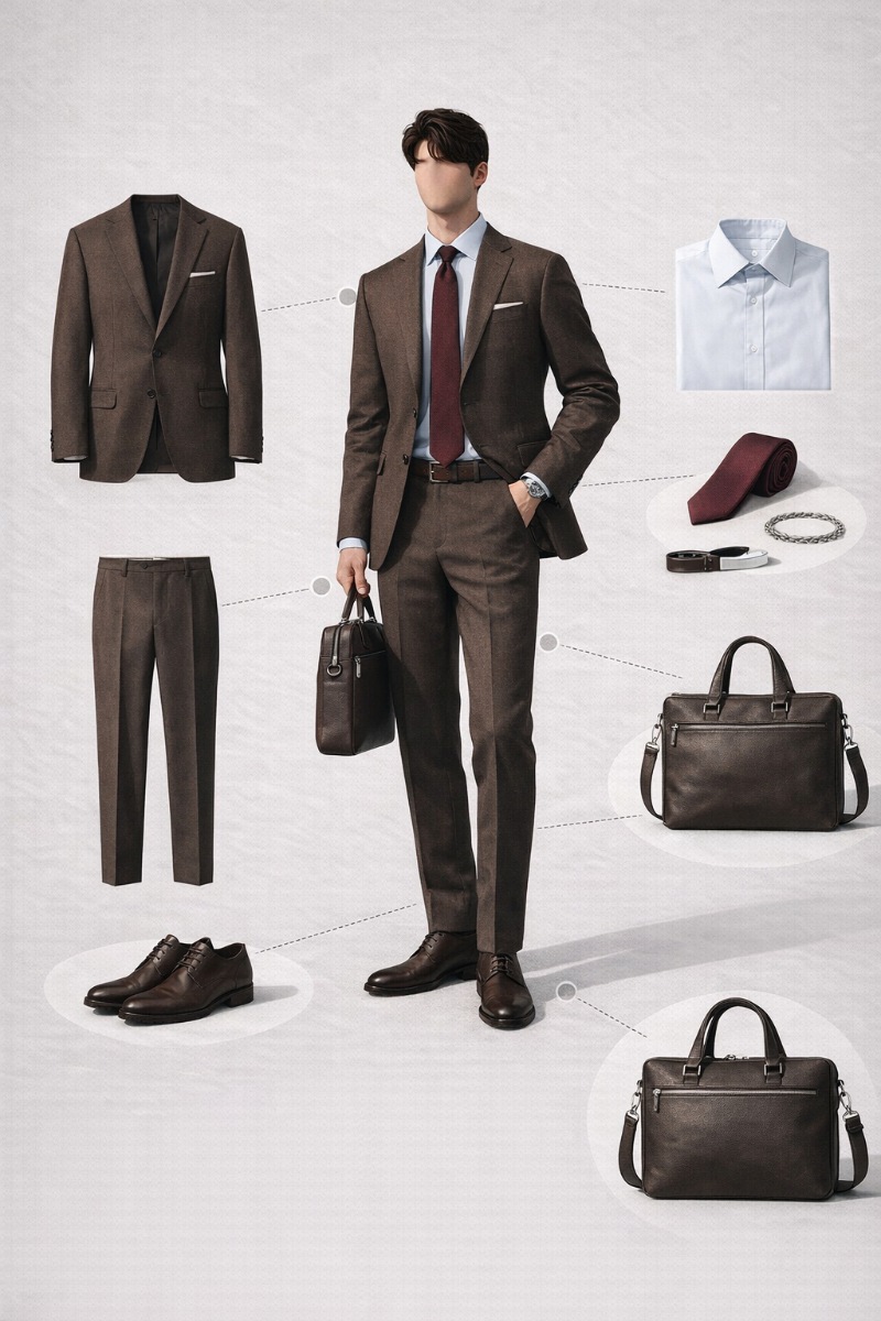 brown suit and blue shirt 7