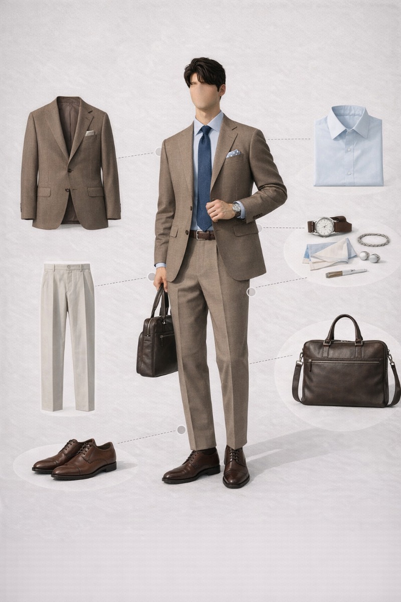 brown suit and blue shirt 8
