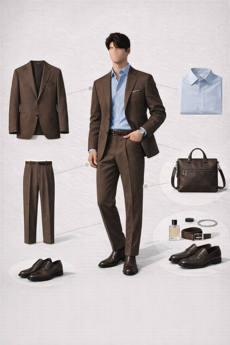 brown suit and blue shirt 9