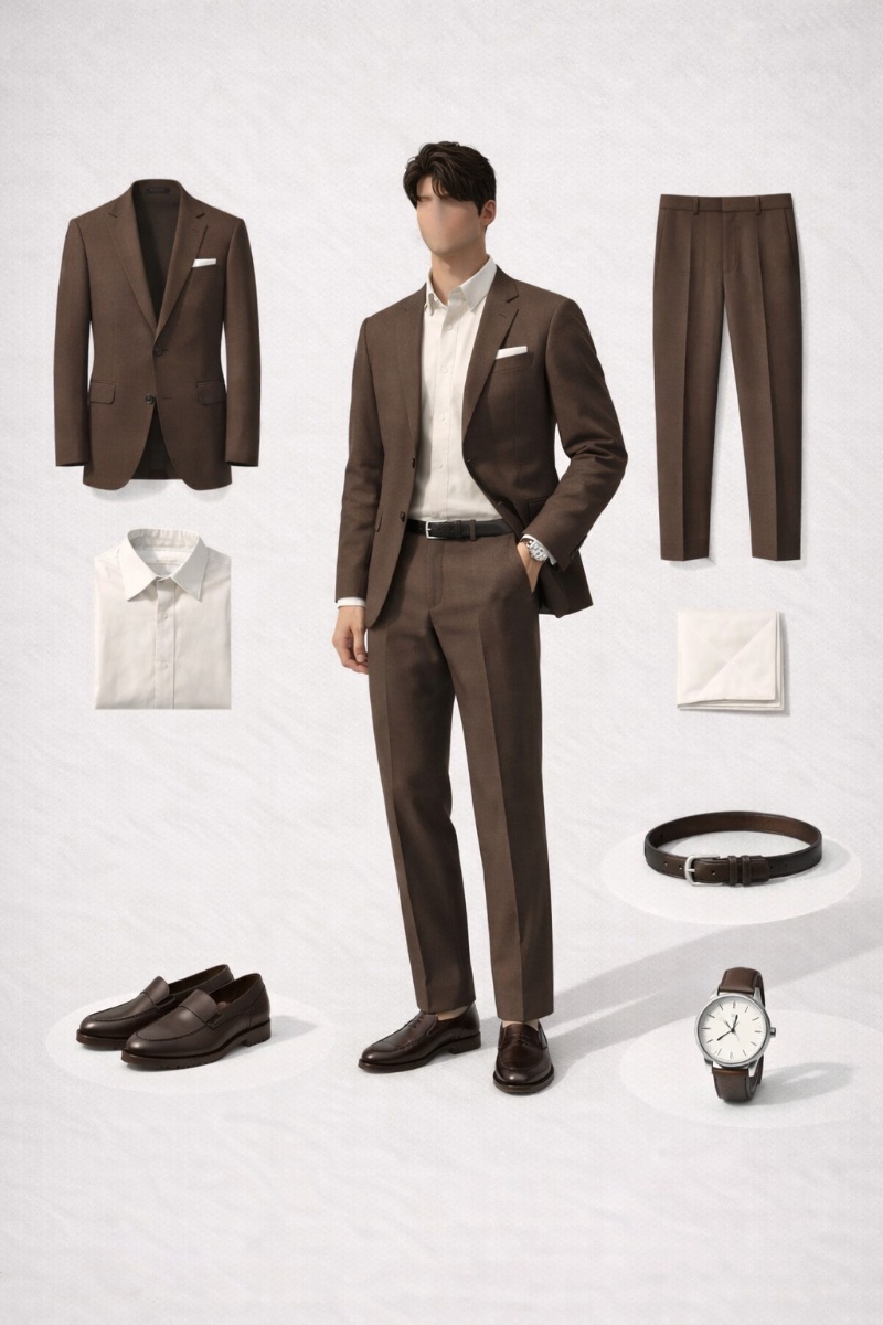 brown suit beige shirt 10