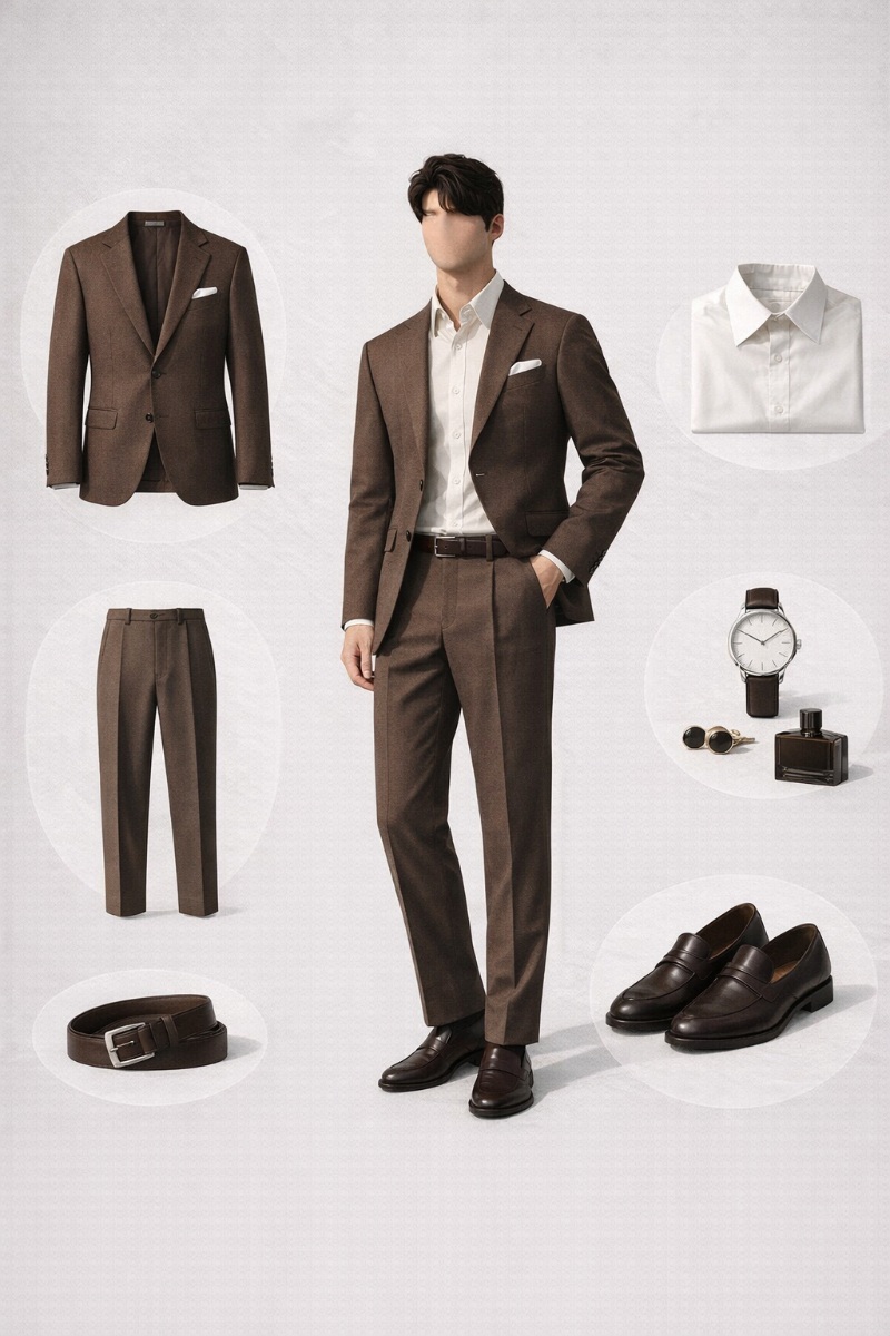 brown suit beige shirt 6
