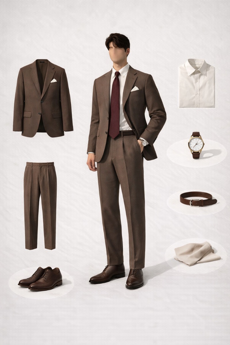 brown suit beige shirt 8