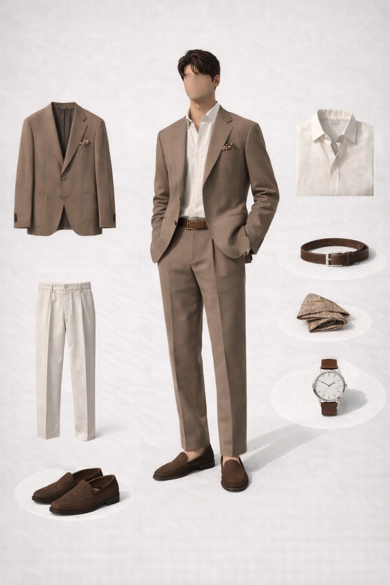 brown suit beige shirt 9