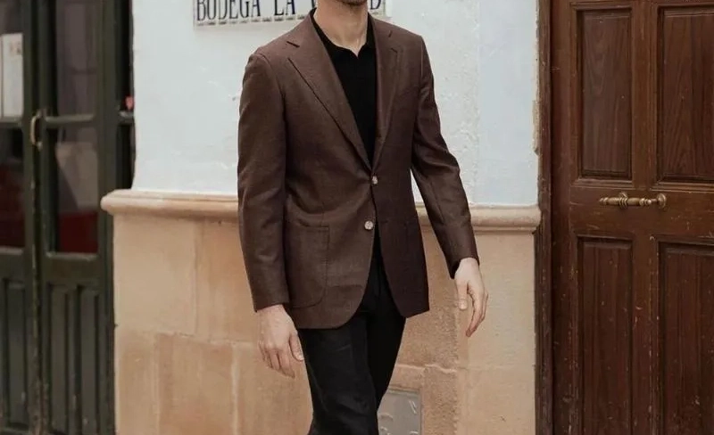 brown suit black shirt 16