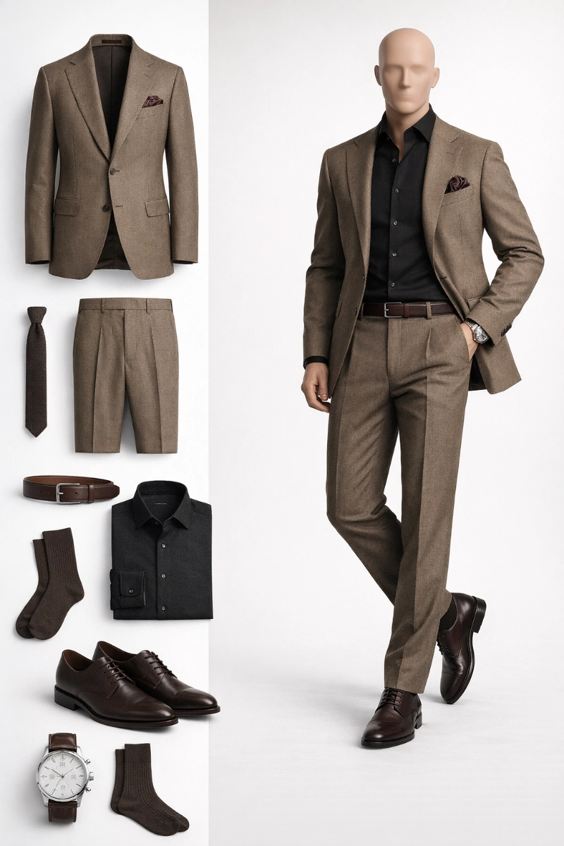brown suit black shirt 3