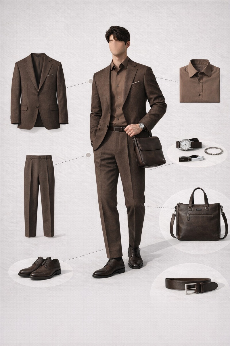 brown suit brown shirt 7