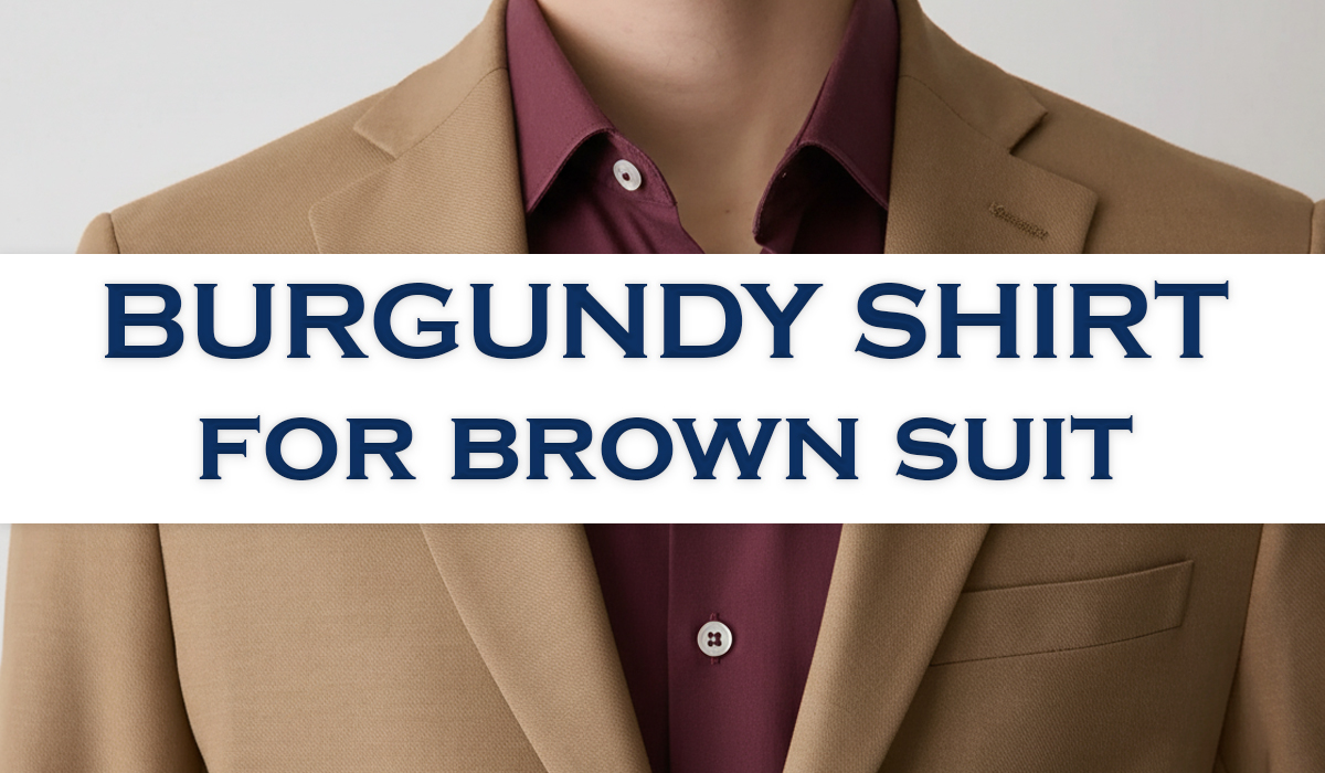 brown suit burgundy shirt