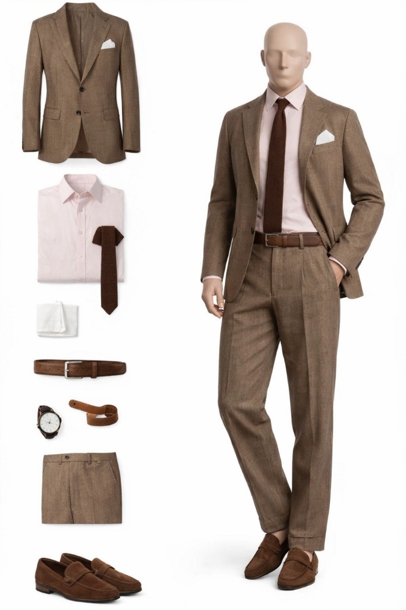 brown suit pink shirt 10