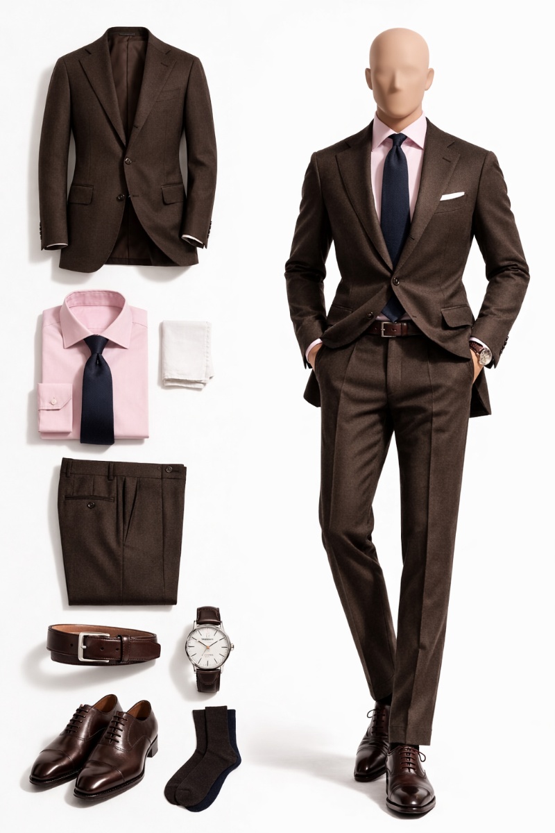 brown suit pink shirt 11