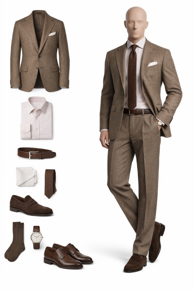 brown suit pink shirt 14