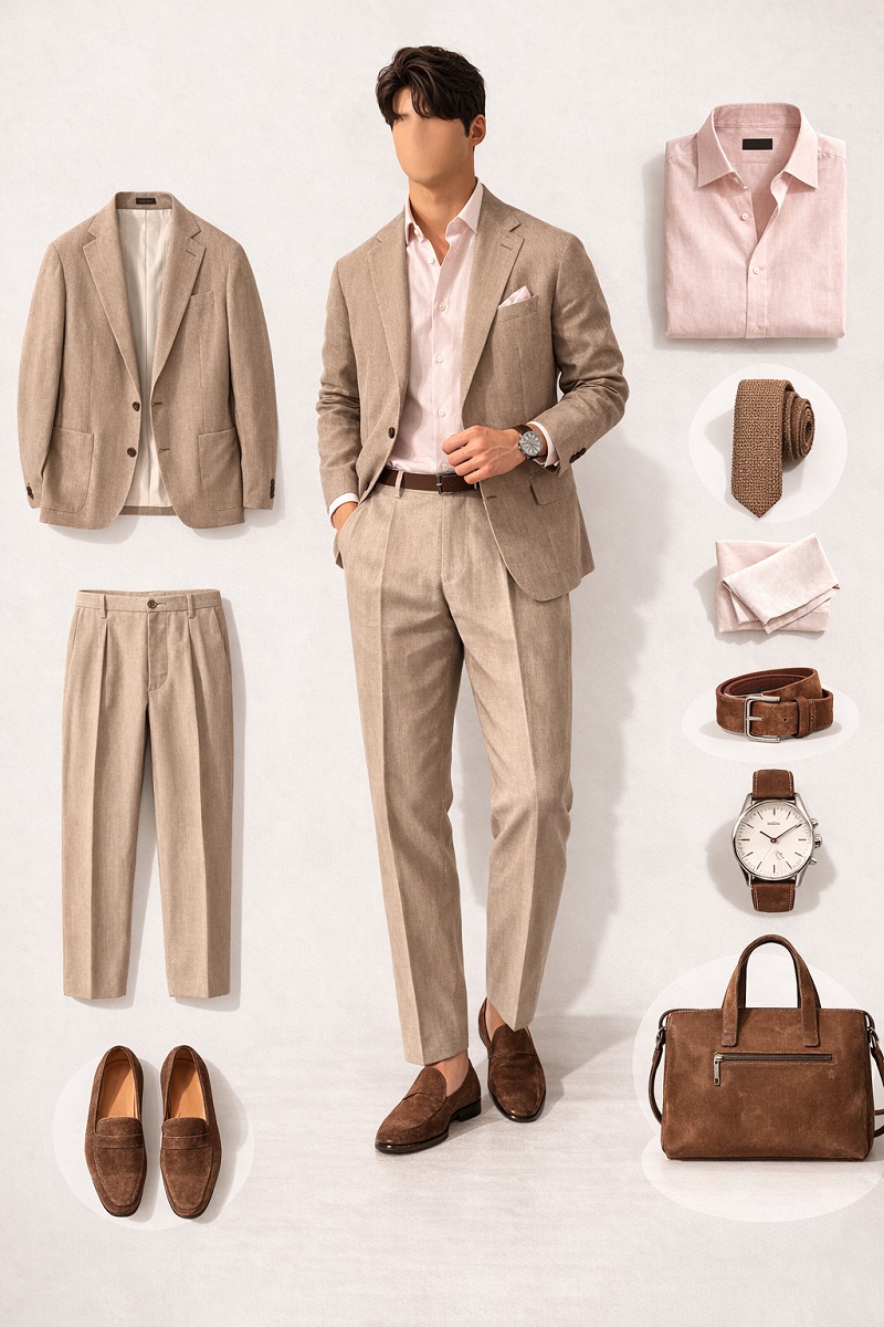 brown suit pink shirt 1b1
