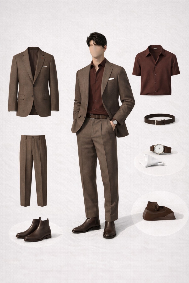 brown suit with burgundy shirt 10