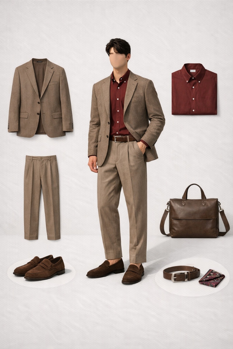 brown suit with burgundy shirt 11
