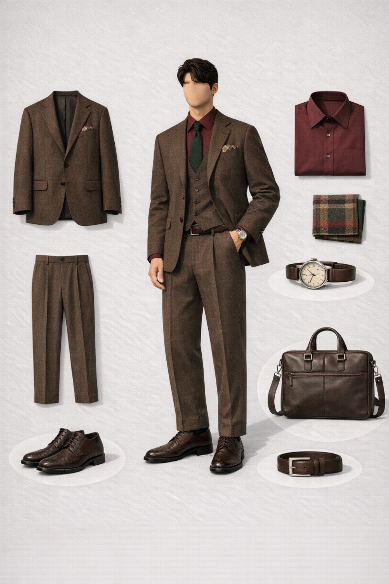 brown suit with burgundy shirt 12