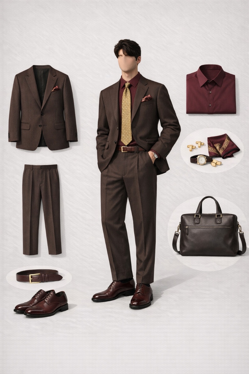 brown suit with burgundy shirt 3