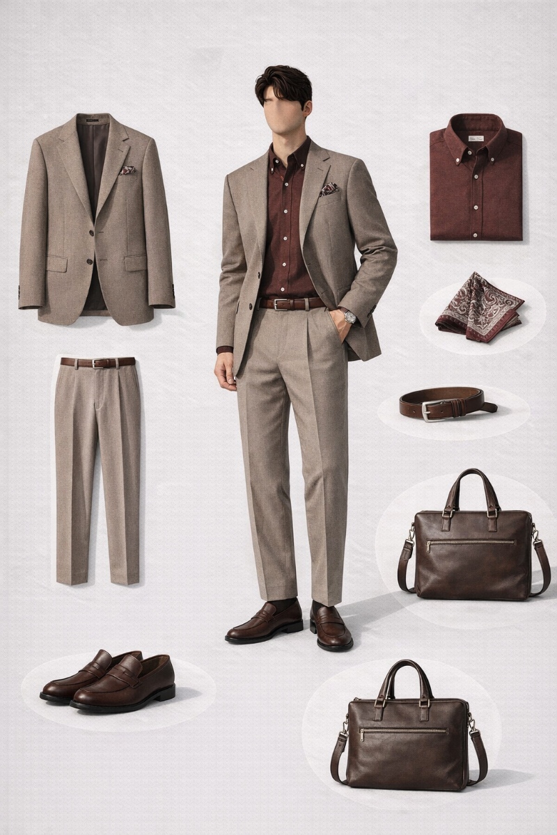 brown suit with burgundy shirt 4