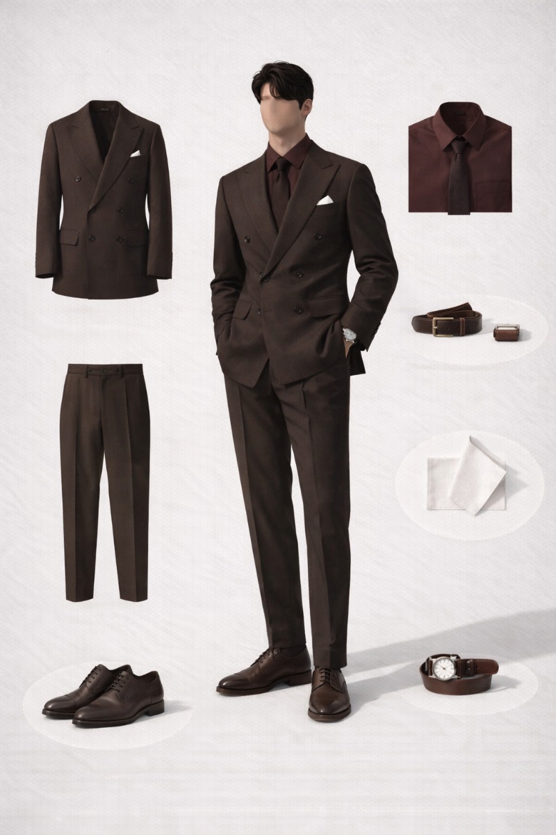 brown suit with burgundy shirt 5