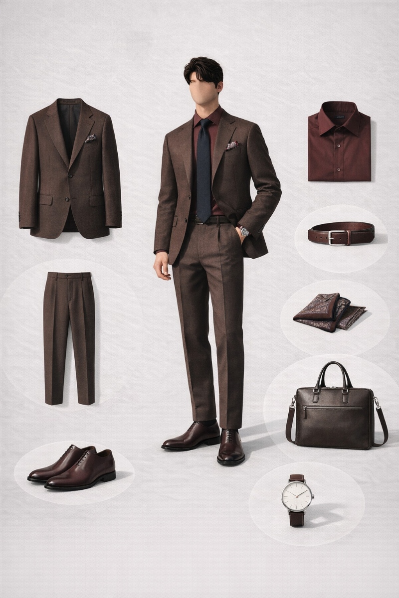 brown suit with burgundy shirt 6