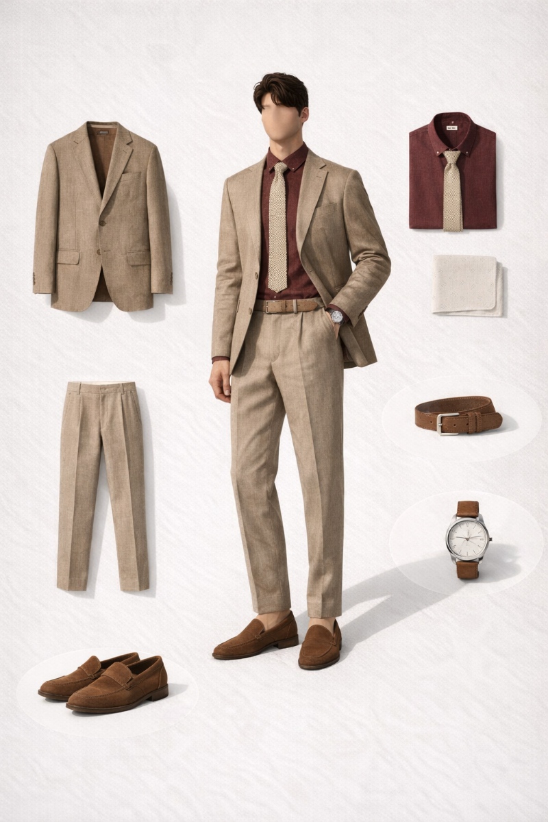 brown suit with burgundy shirt 7