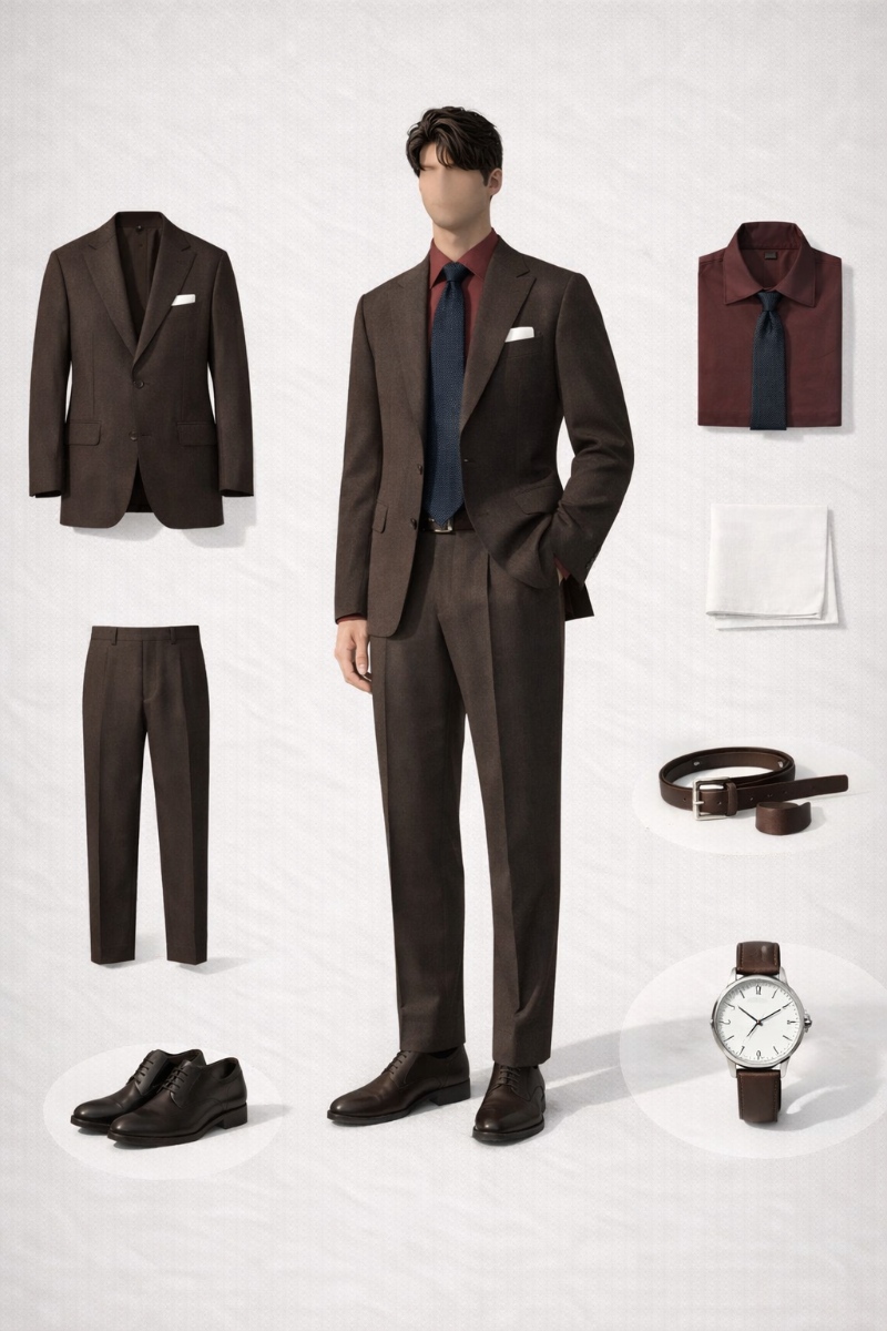 brown suit with burgundy shirt 8