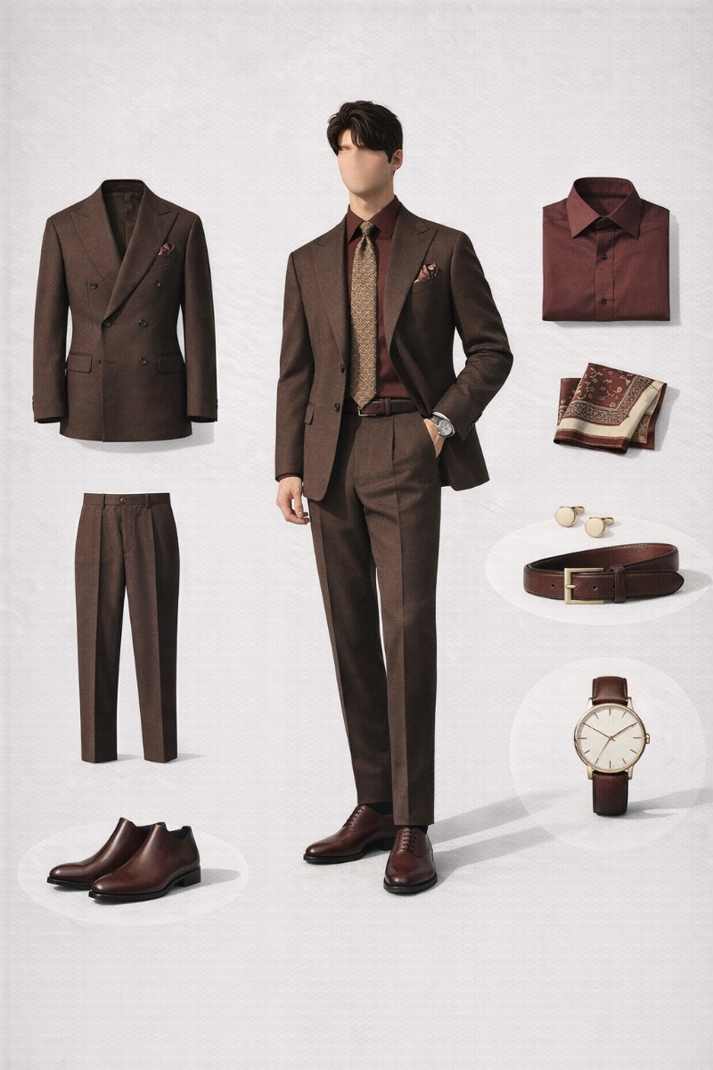 brown suit with burgundy shirt 9