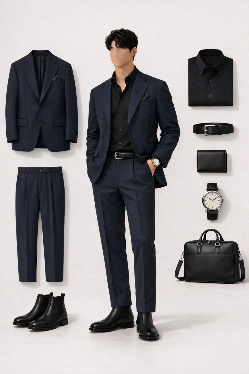 navy blue suit with black shirt 10