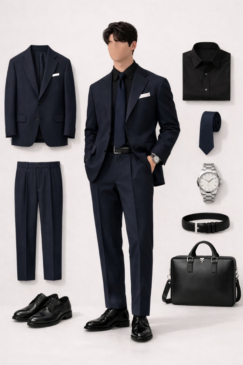 navy blue suit with black shirt 7