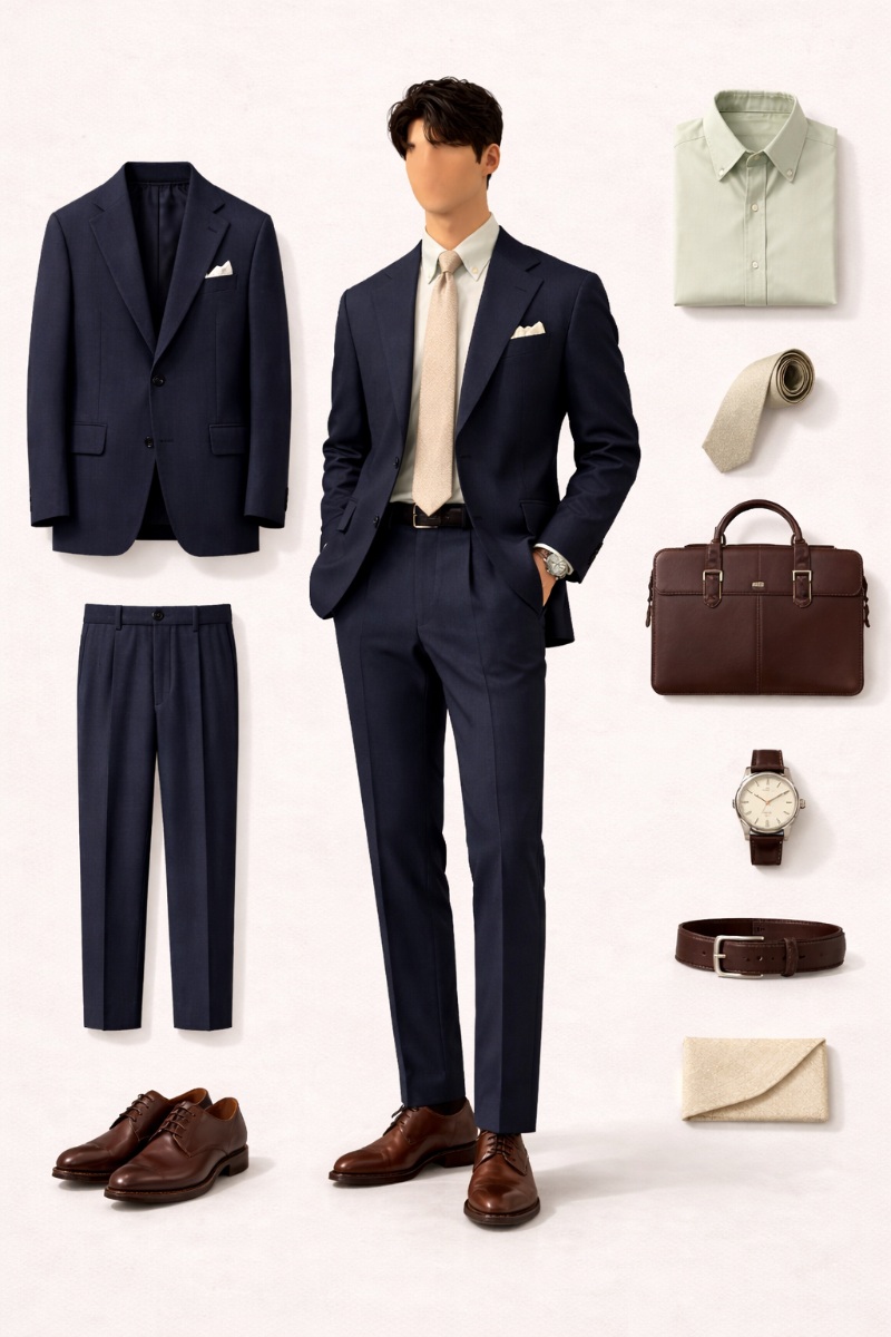 navy suit green shirt 10