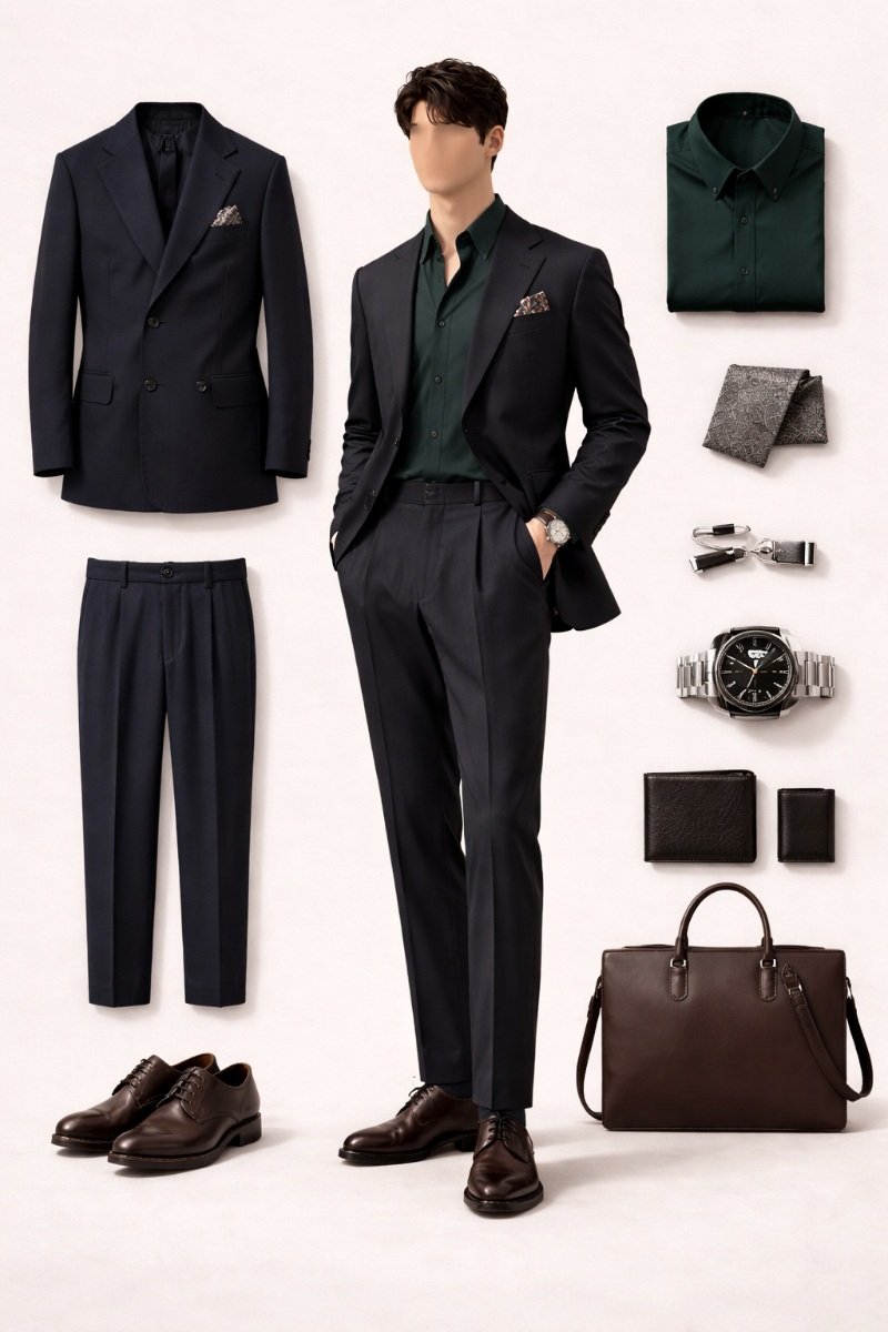 navy suit green shirt 11