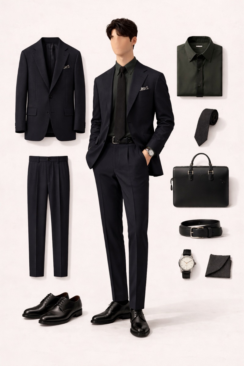 navy suit green shirt 5