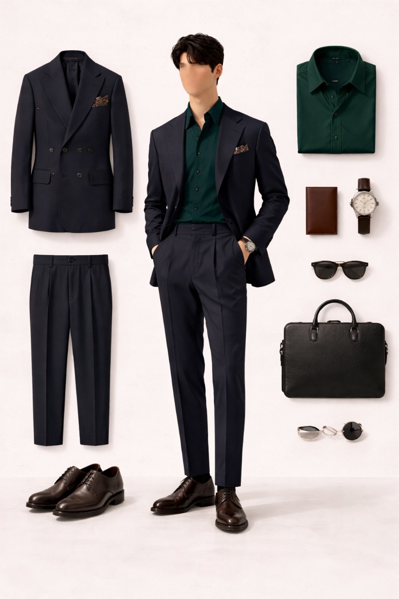 navy suit green shirt 7