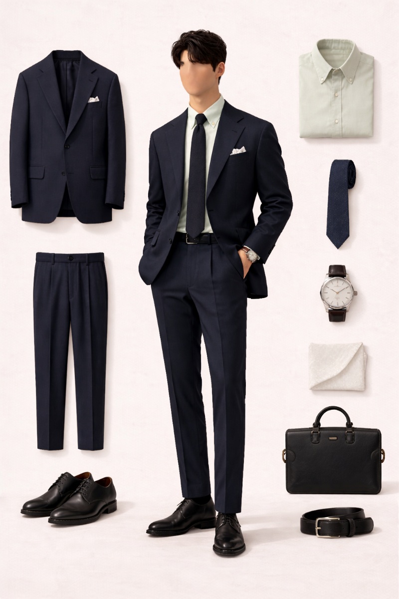 navy suit green shirt 8