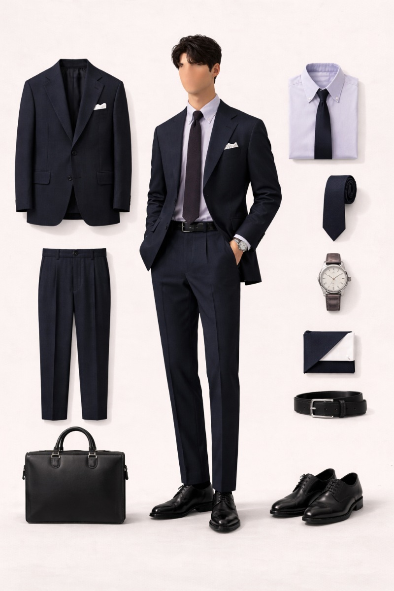 purple shirt navy blue suit 1