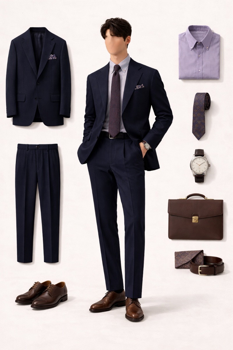 purple shirt navy blue suit 3